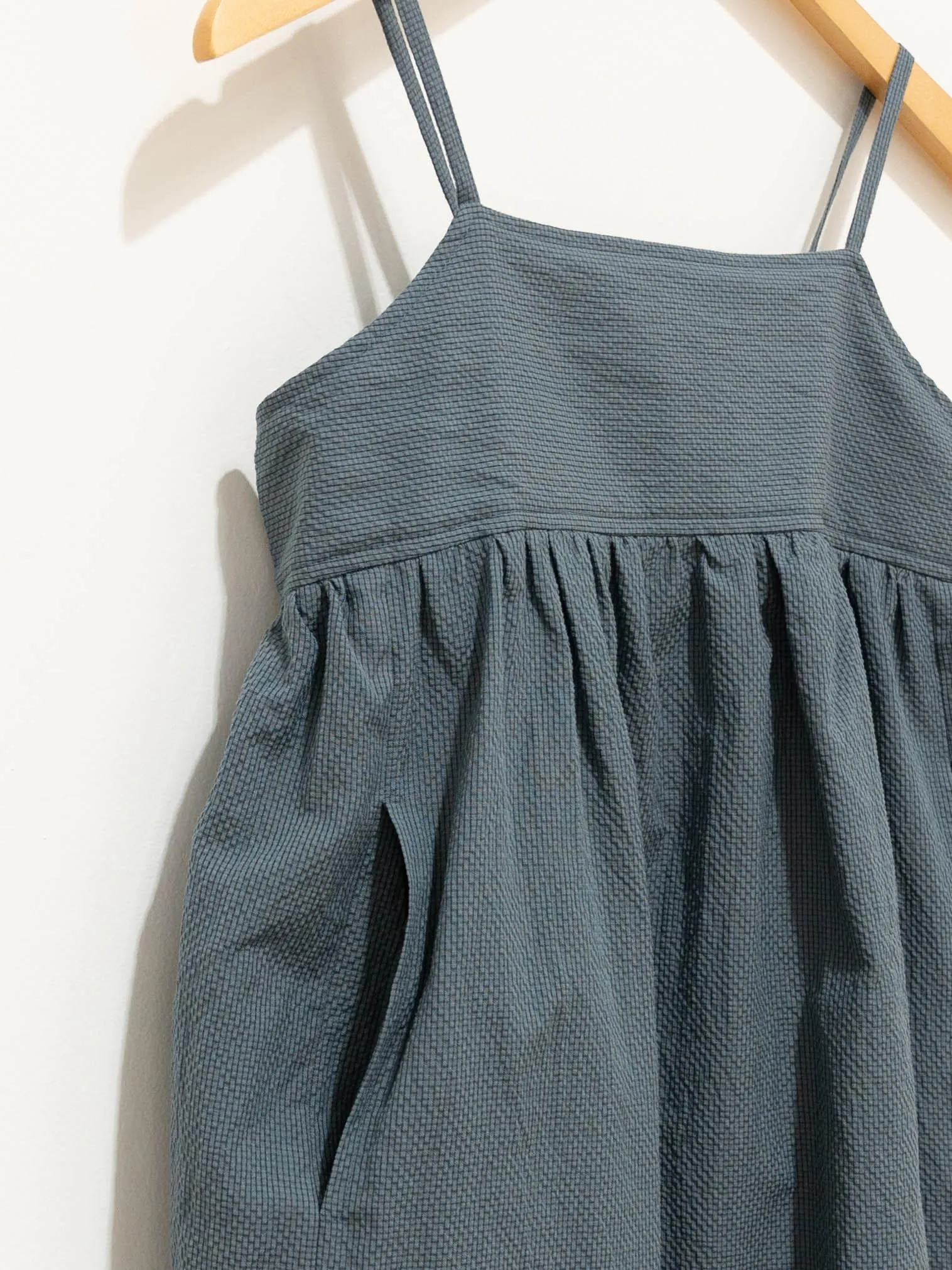 Cotton Silk Ramie Check Camisole Dress - Gray Blue