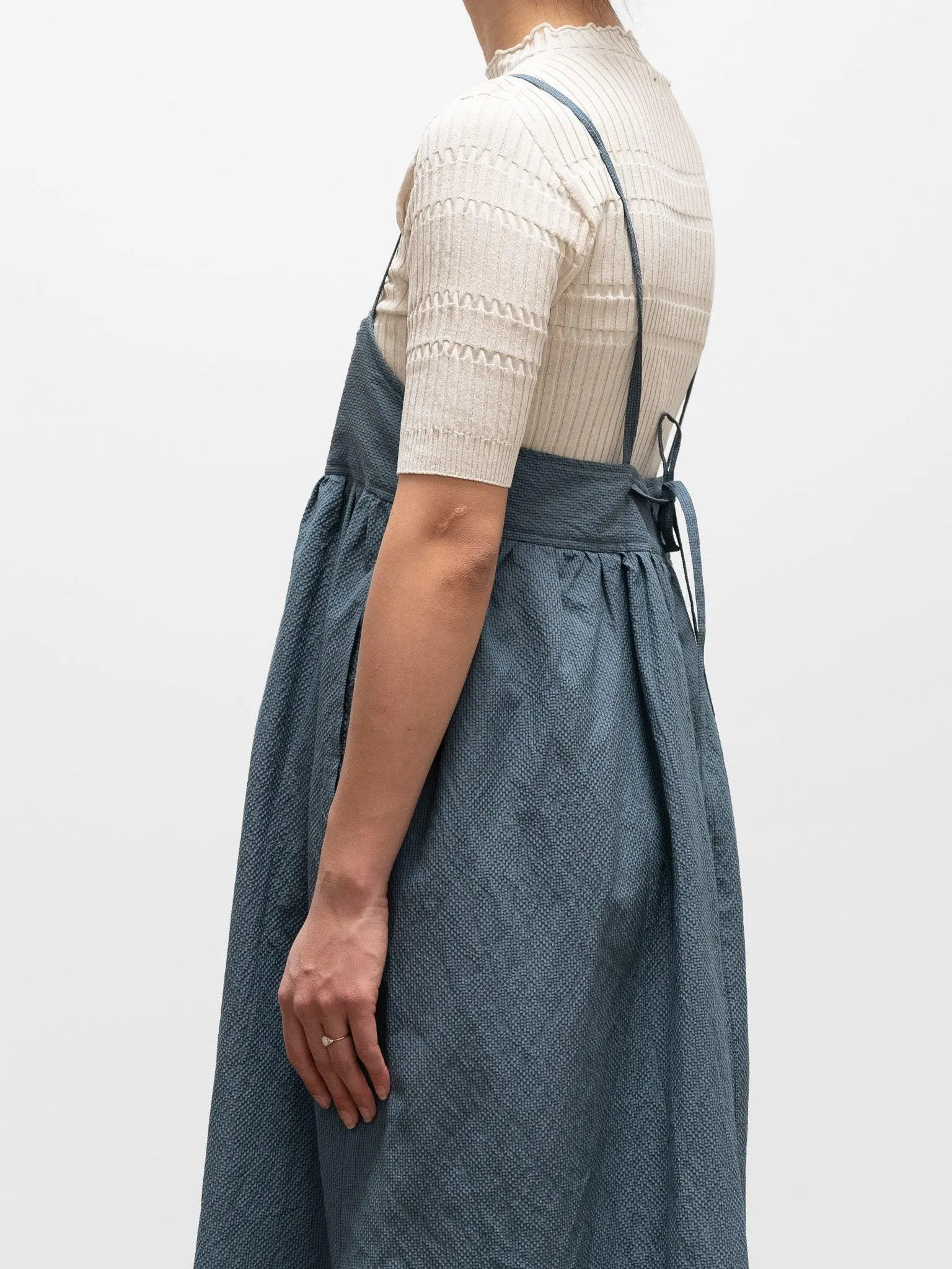 Cotton Silk Ramie Check Camisole Dress - Gray Blue