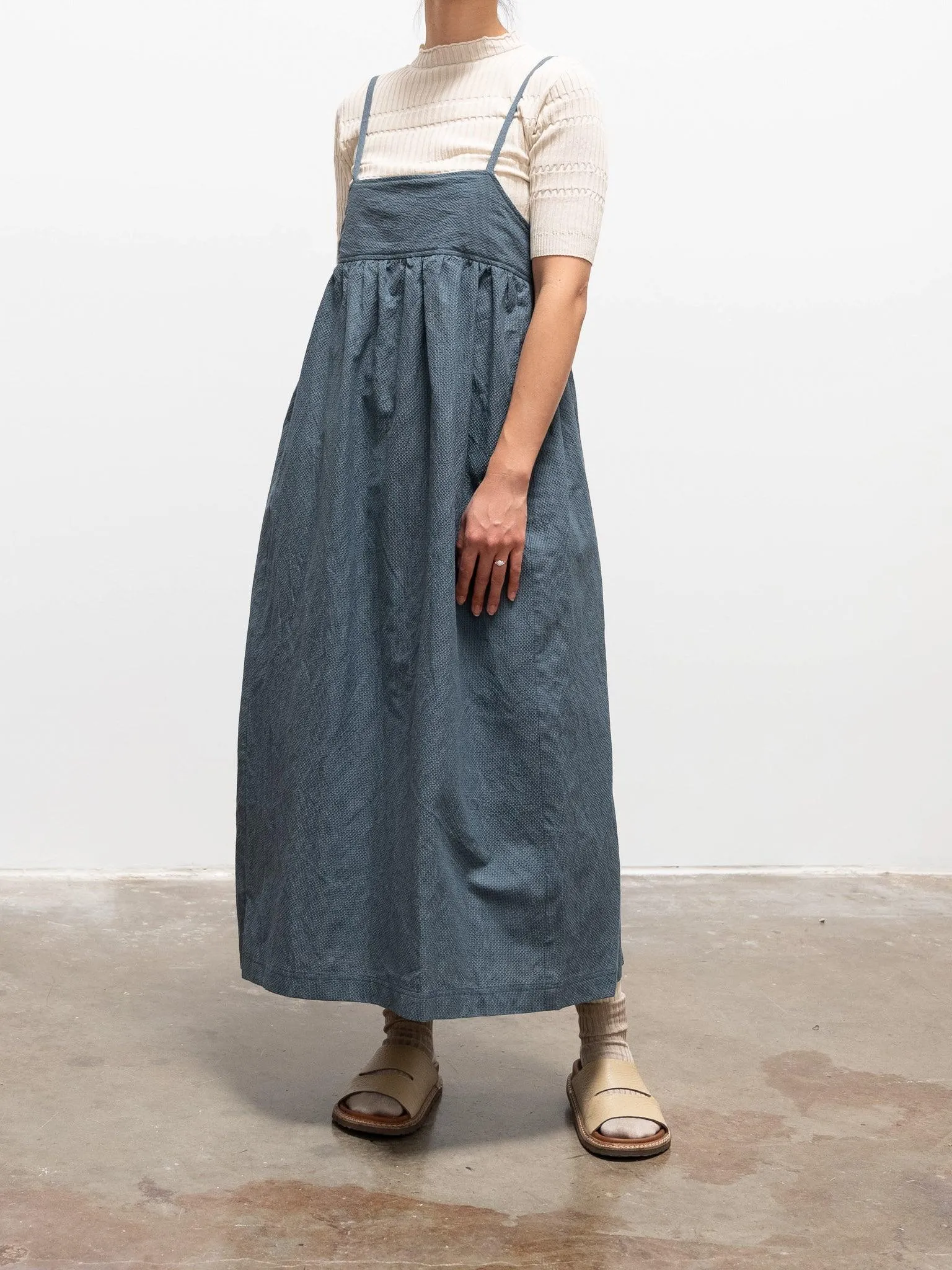 Cotton Silk Ramie Check Camisole Dress - Gray Blue
