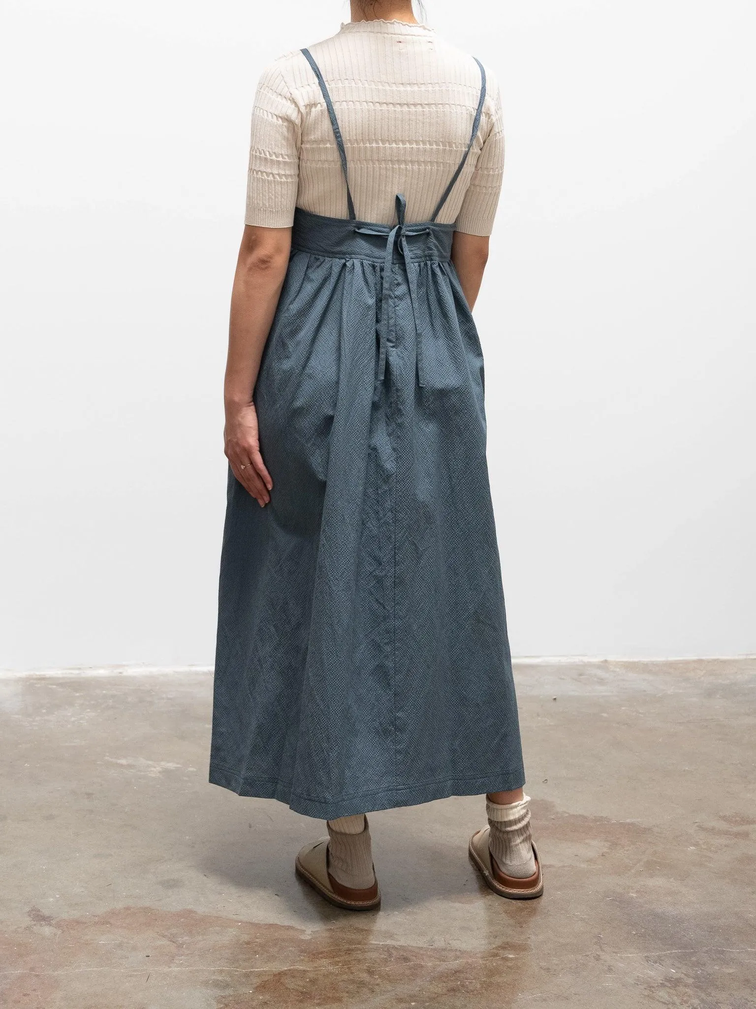 Cotton Silk Ramie Check Camisole Dress - Gray Blue