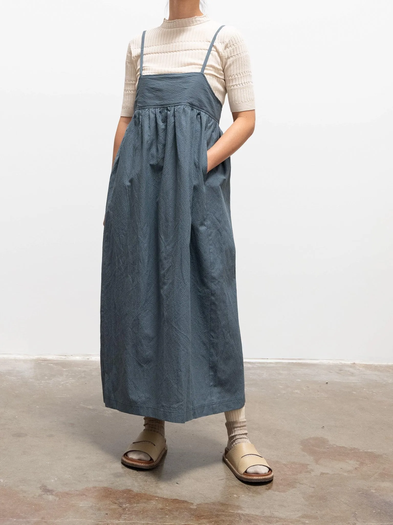 Cotton Silk Ramie Check Camisole Dress - Gray Blue