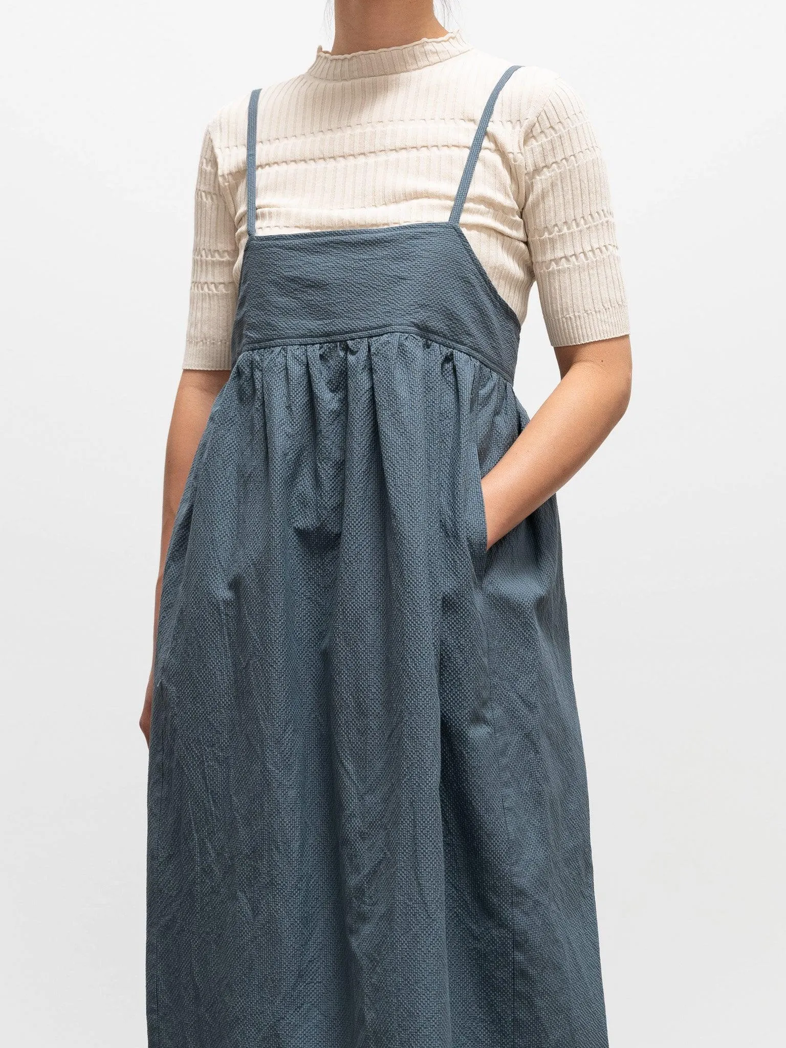 Cotton Silk Ramie Check Camisole Dress - Gray Blue