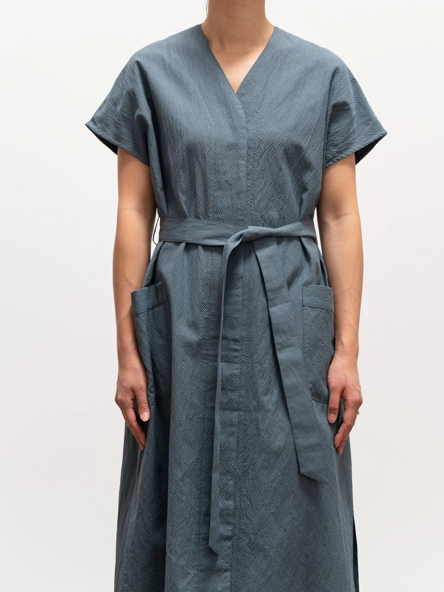 Cotton Silk Ramie Check French Dress - Gray Blue