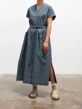 Cotton Silk Ramie Check French Dress - Gray Blue
