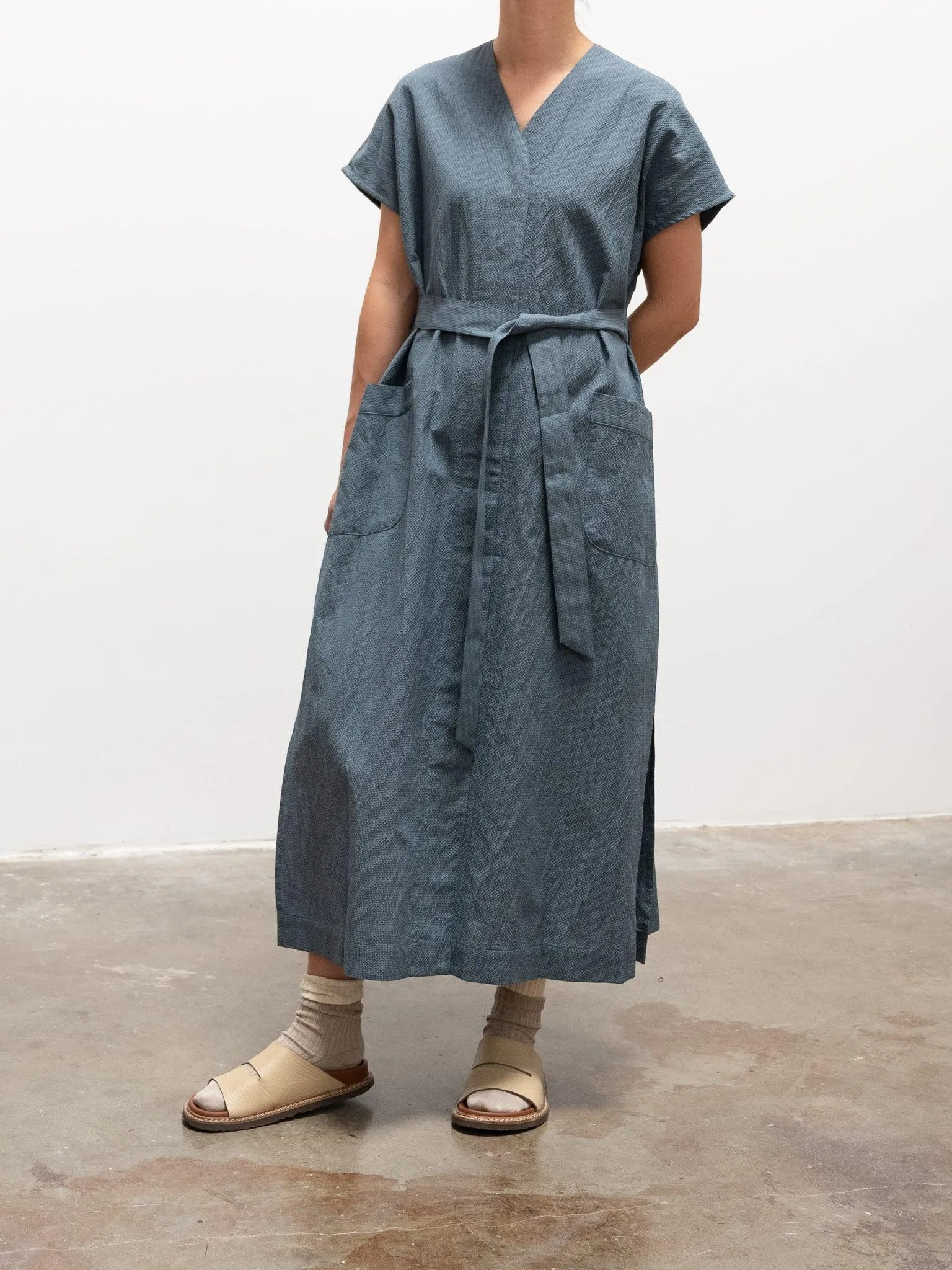 Cotton Silk Ramie Check French Dress - Gray Blue