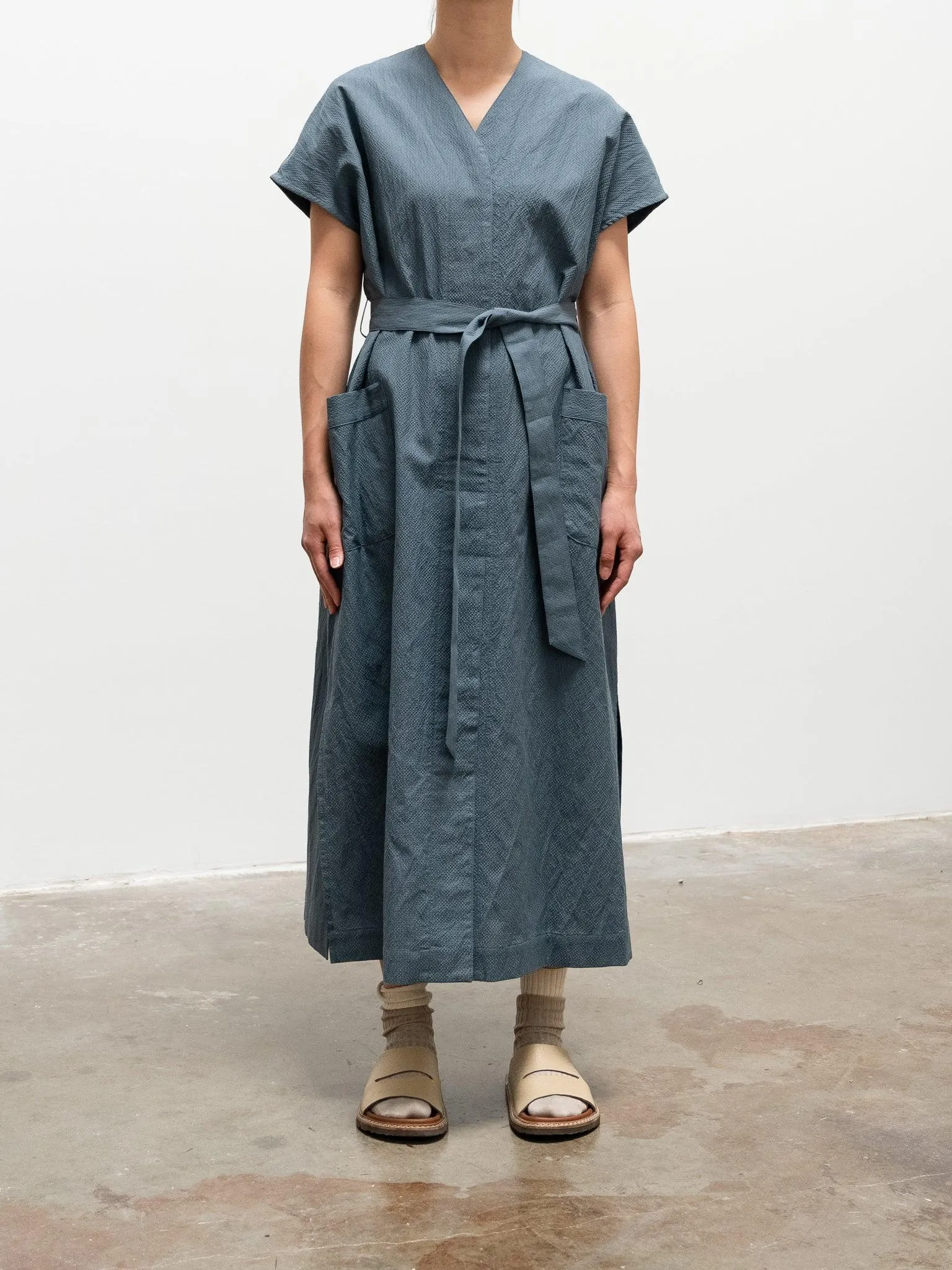 Cotton Silk Ramie Check French Dress - Gray Blue