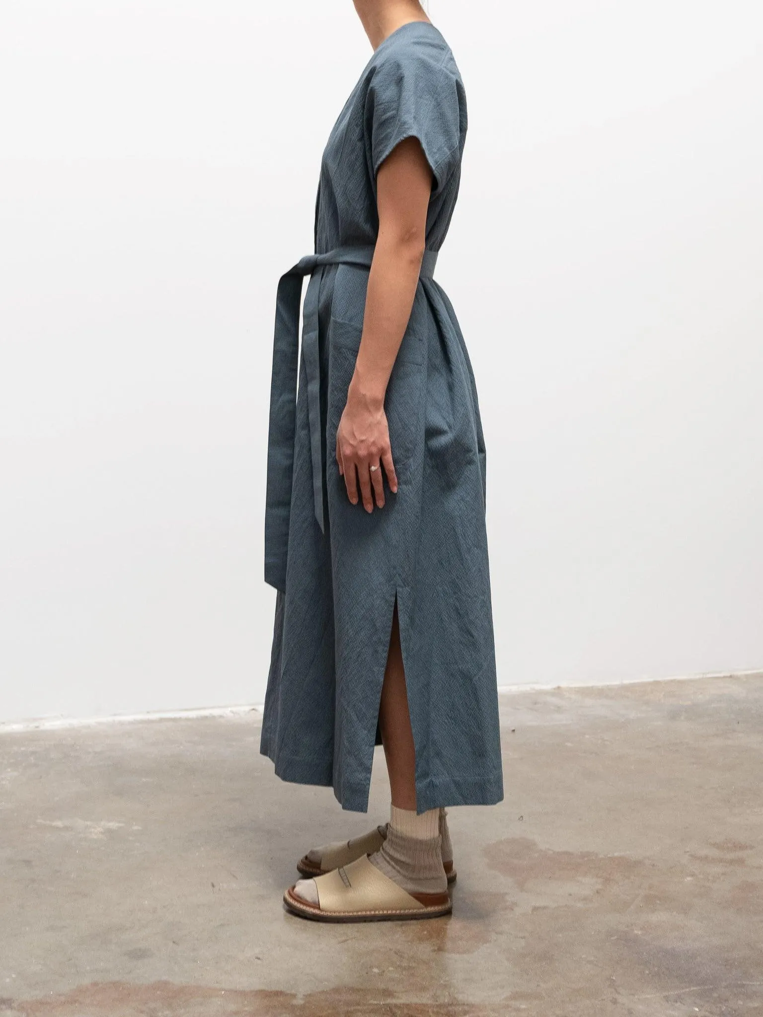Cotton Silk Ramie Check French Dress - Gray Blue
