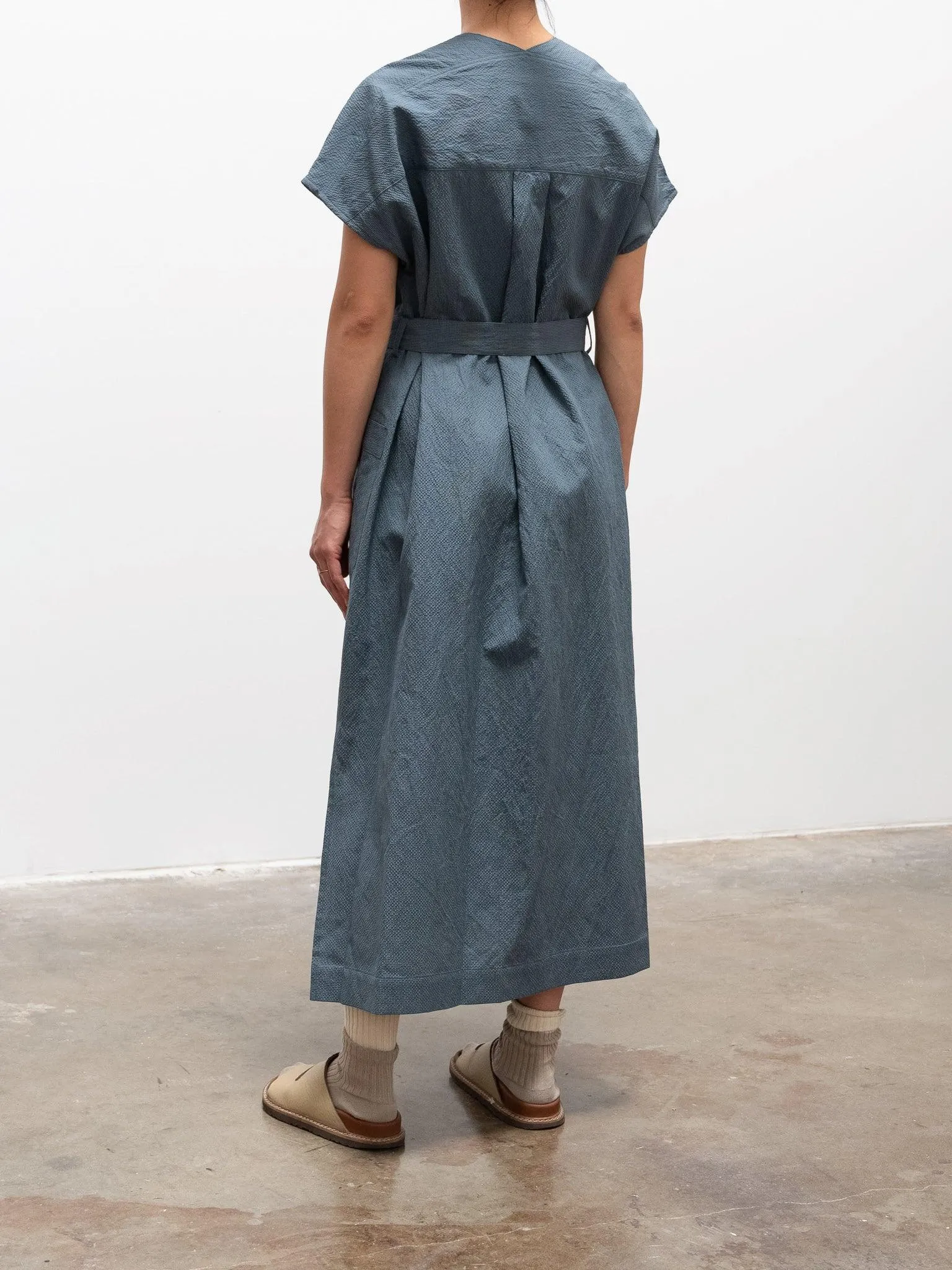 Cotton Silk Ramie Check French Dress - Gray Blue