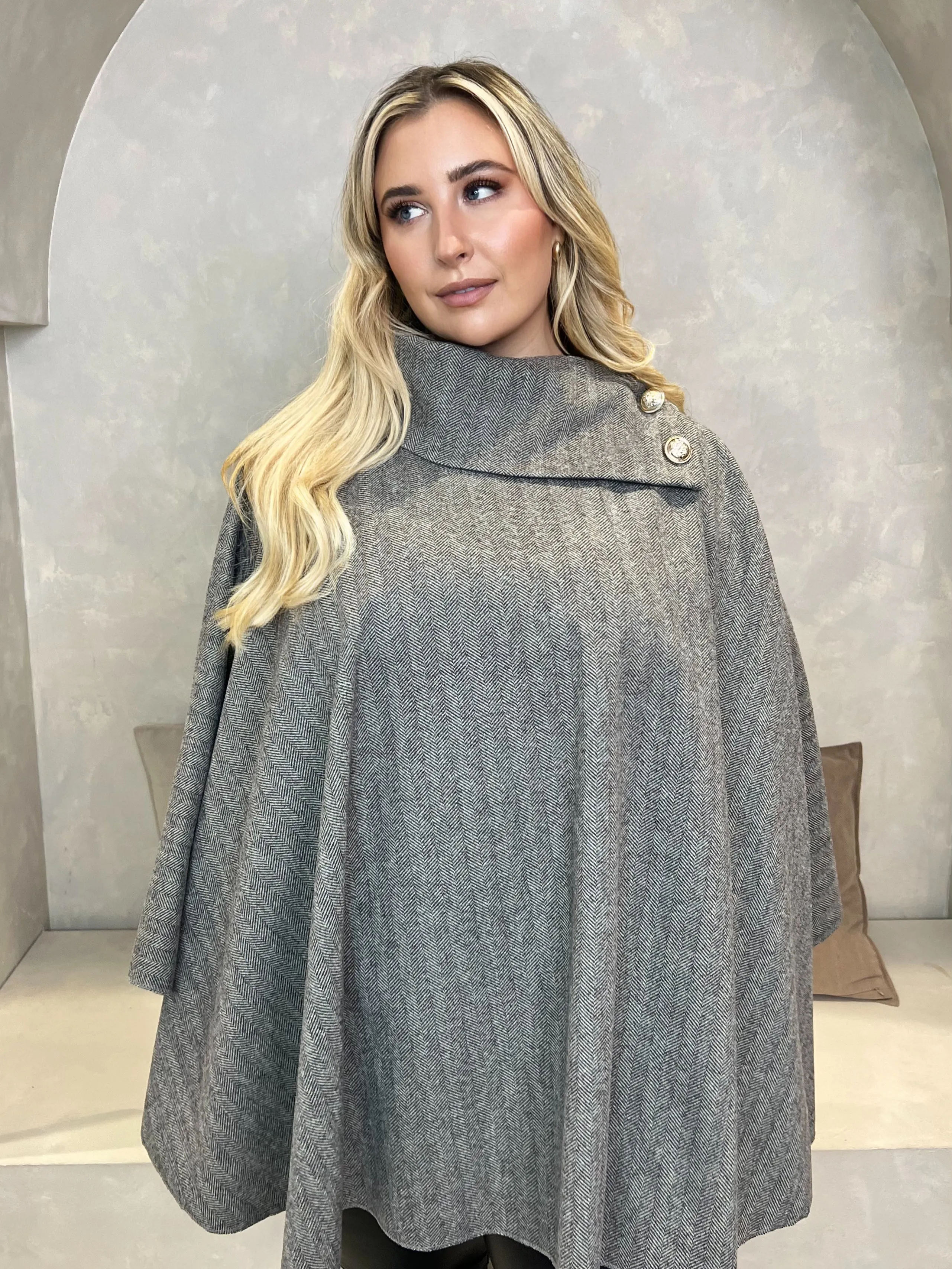 Curve Chocolate Tweed Effect Button Neck Cape