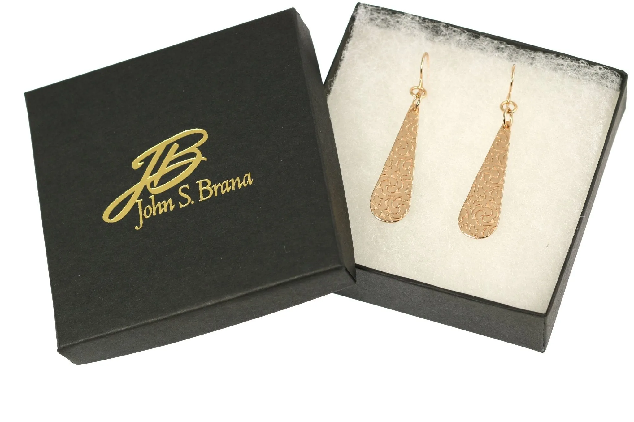 Damask Embossed Bronze Long Teardrop Earrings