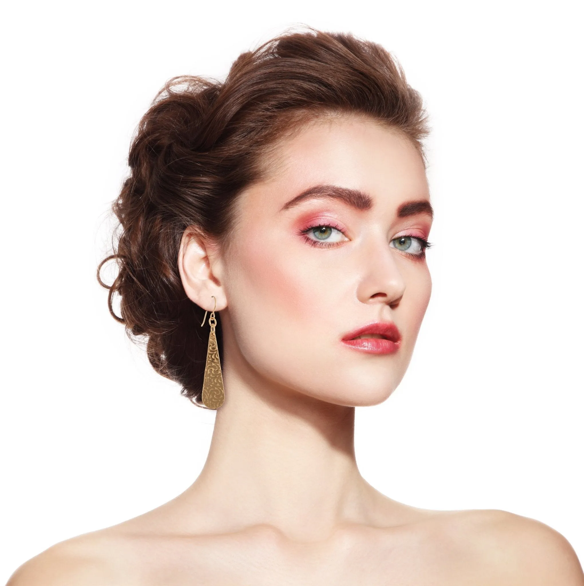 Damask Embossed Bronze Long Teardrop Earrings