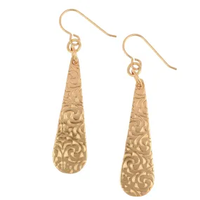 Damask Embossed Bronze Long Teardrop Earrings