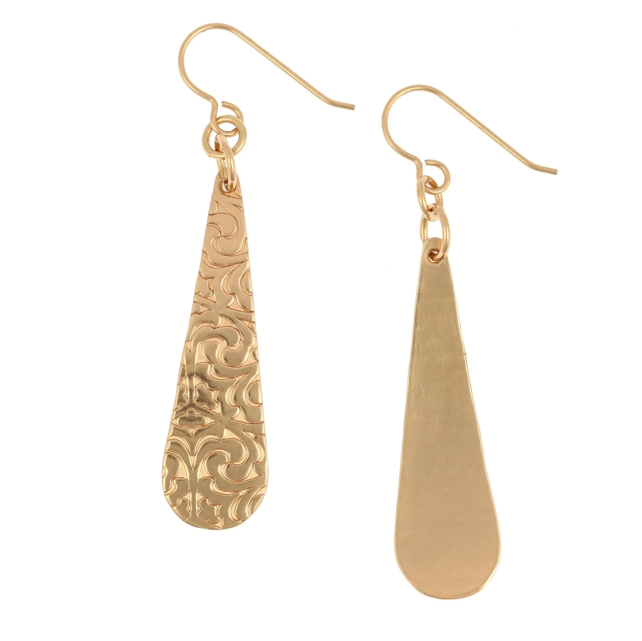 Damask Embossed Bronze Long Teardrop Earrings