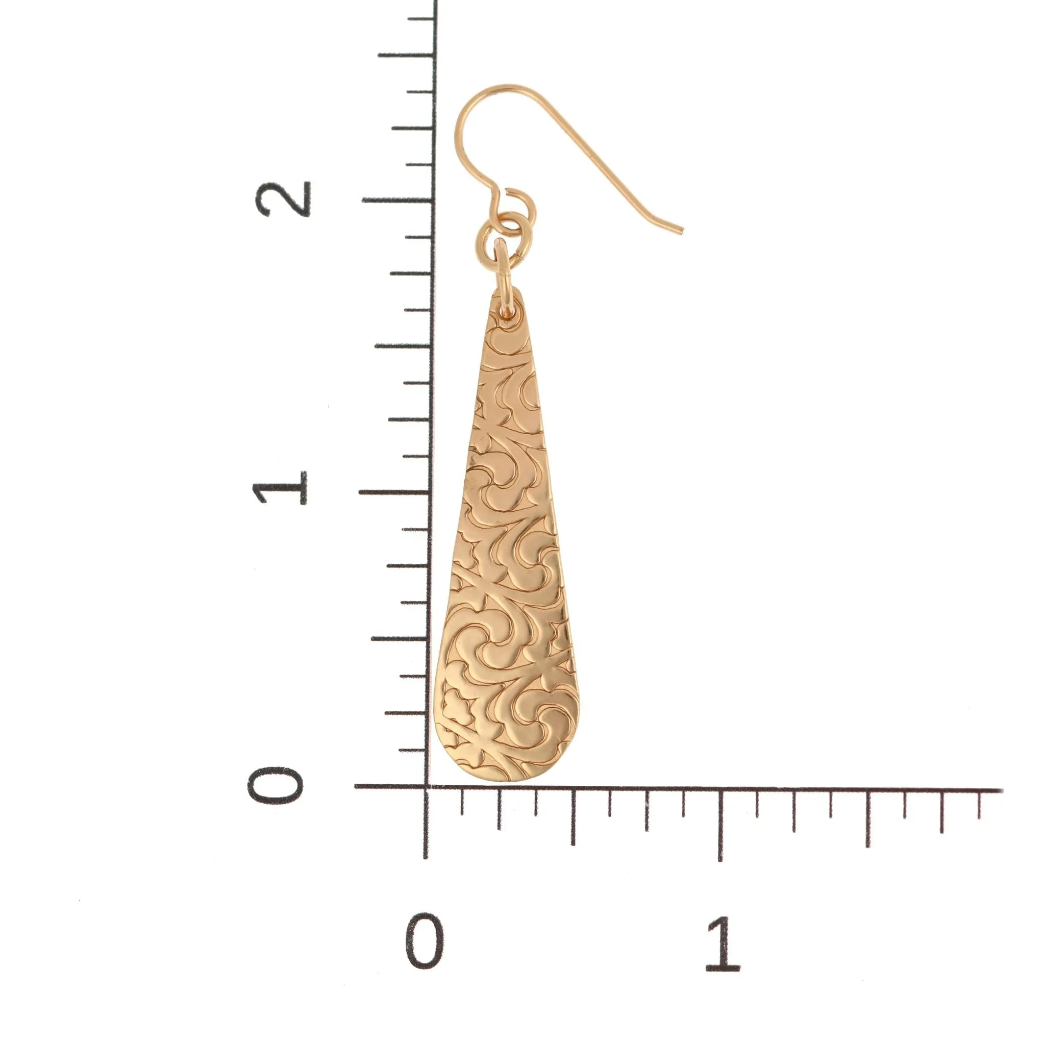 Damask Embossed Bronze Long Teardrop Earrings