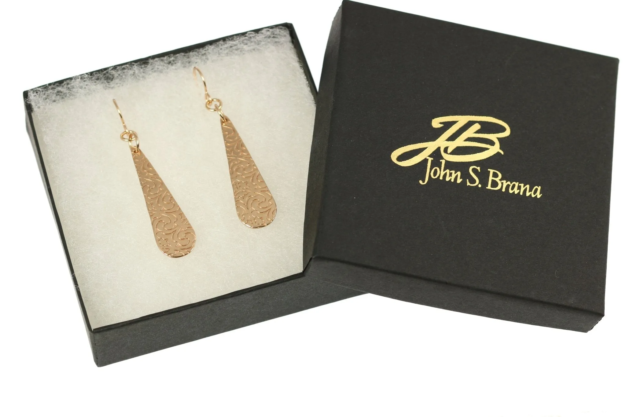 Damask Embossed Bronze Long Teardrop Earrings