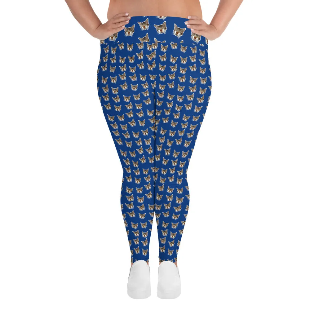 Dark Blue Cat Long Tights, Best Cat Print Plus Size Leggings, Women's Plus Size Yoga Pants-Made in USA/EU