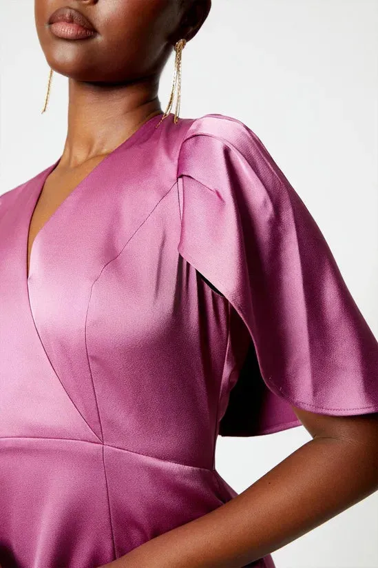 Dark Pink Pleat Satin Detail Cape Sleeve Midi Dress Wedding Guest Dresses