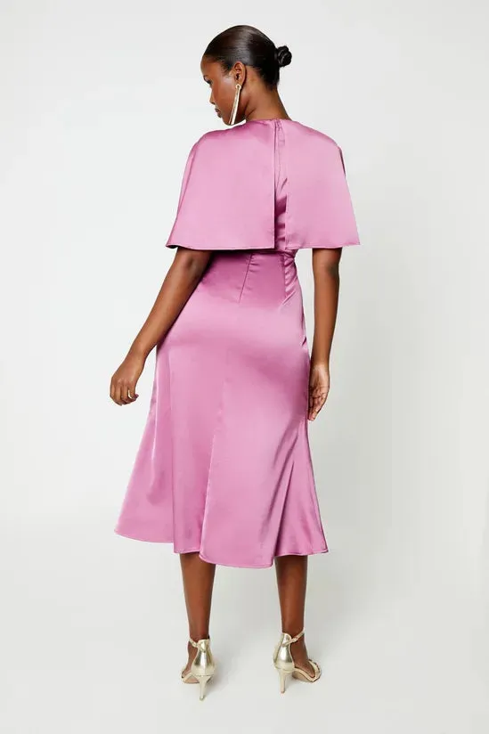Dark Pink Pleat Satin Detail Cape Sleeve Midi Dress Wedding Guest Dresses