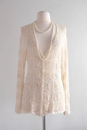 Delicate 1970's Silky Crochet Knit Ivory Cardigan / Sz M