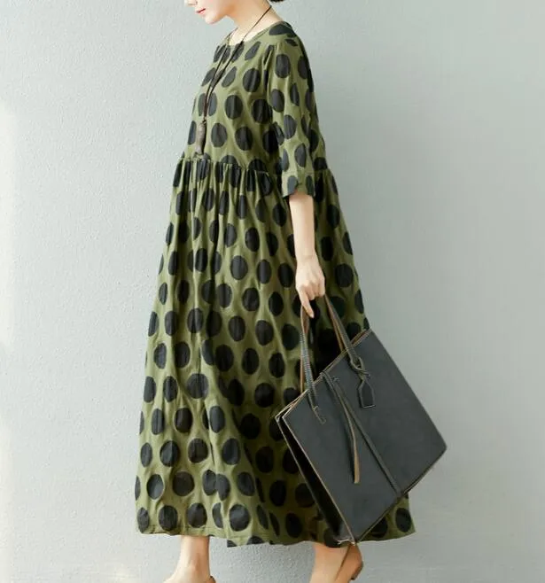 Dot Print Cotton Linen Dresses Women Long  Dresses Short Sleeve