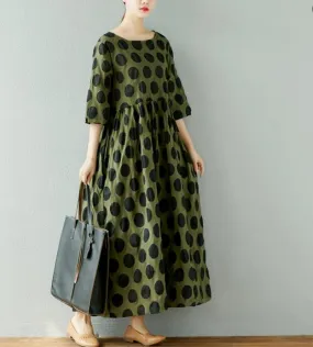 Dot Print Cotton Linen Dresses Women Long  Dresses Short Sleeve