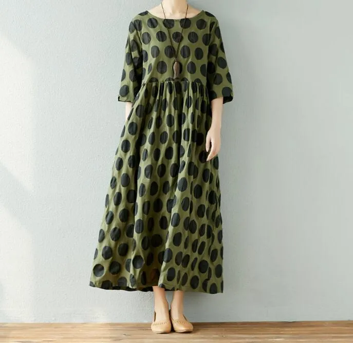 Dot Print Cotton Linen Dresses Women Long  Dresses Short Sleeve