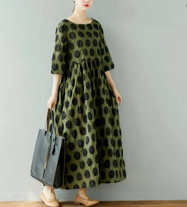 Dot Print Cotton Linen Dresses Women Long  Dresses Short Sleeve