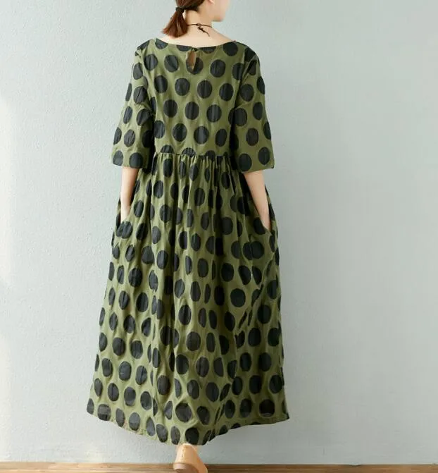 Dot Print Cotton Linen Dresses Women Long  Dresses Short Sleeve