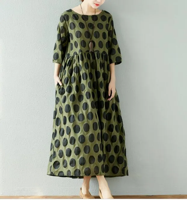Dot Print Cotton Linen Dresses Women Long  Dresses Short Sleeve