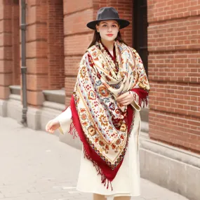 Elegance Redefined: Ethnic Shawl - Long Oversized Pure Wool Scarf with Plants and Flowers Pattern