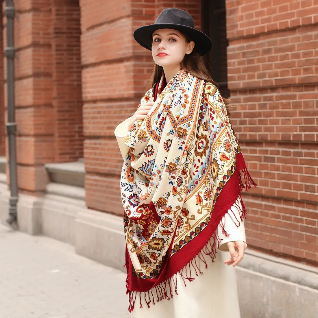 Elegance Redefined: Ethnic Shawl - Long Oversized Pure Wool Scarf with Plants and Flowers Pattern
