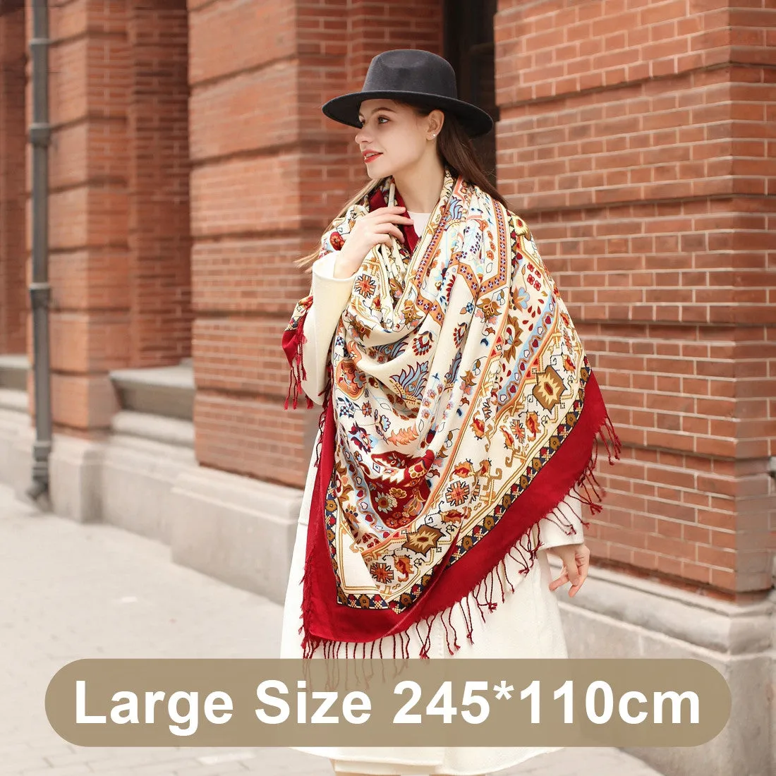 Elegance Redefined: Ethnic Shawl - Long Oversized Pure Wool Scarf with Plants and Flowers Pattern