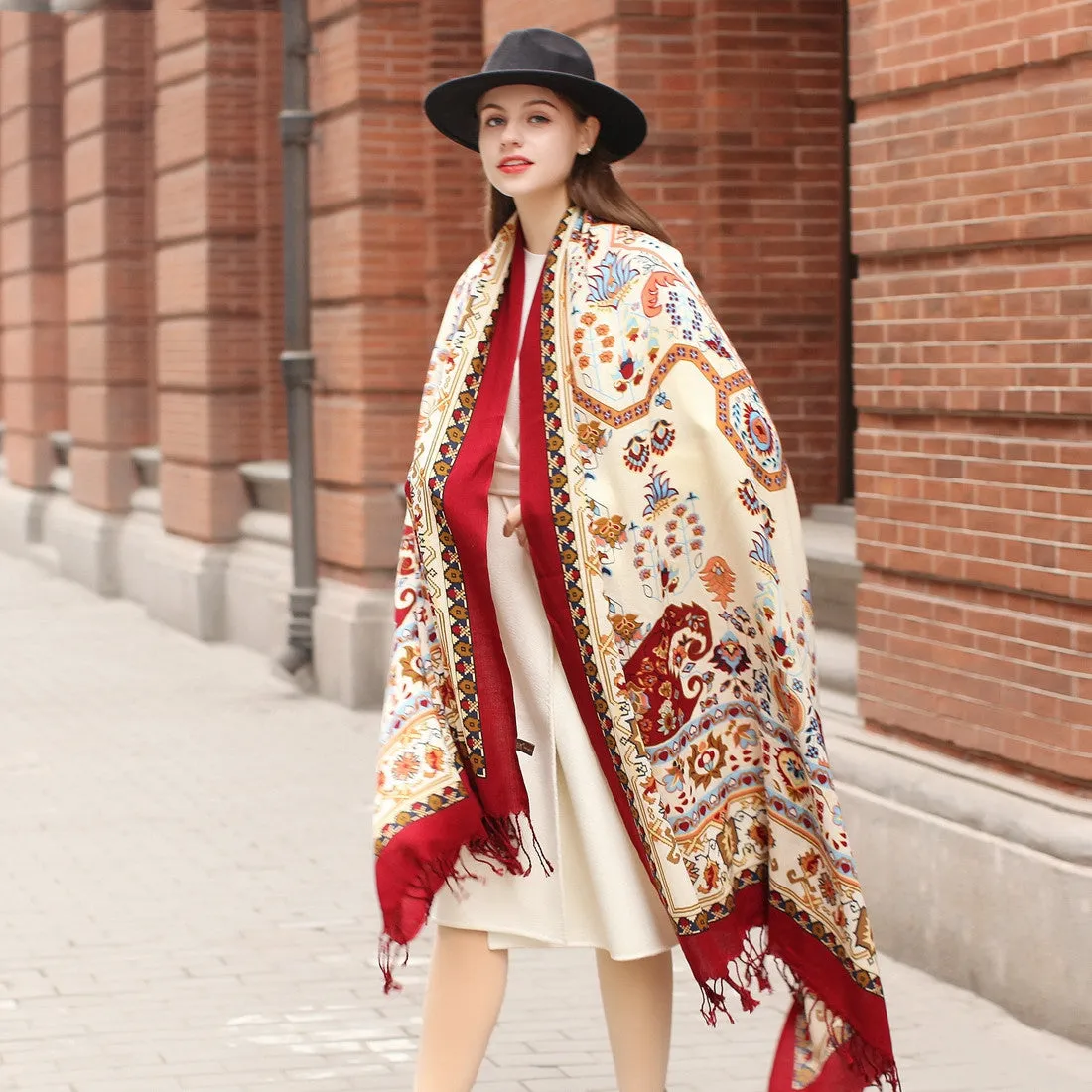 Elegance Redefined: Ethnic Shawl - Long Oversized Pure Wool Scarf with Plants and Flowers Pattern