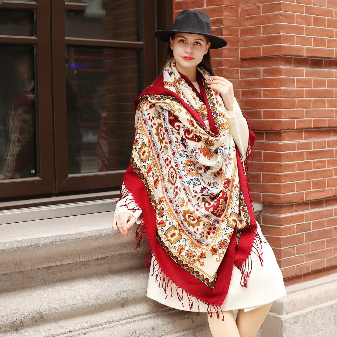 Elegance Redefined: Ethnic Shawl - Long Oversized Pure Wool Scarf with Plants and Flowers Pattern