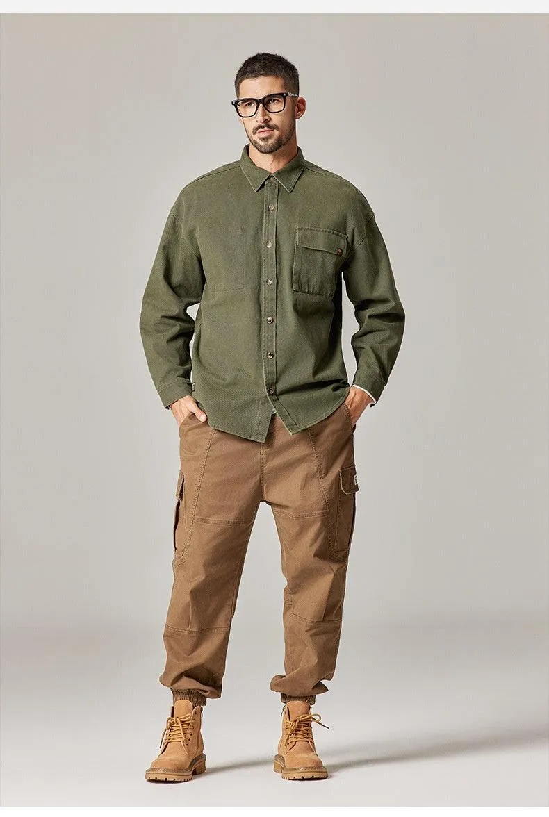 Embrace Classic Style with the Autumn Overalls Coat – American Retro Heavy Cotton Long Sleeve Shirt