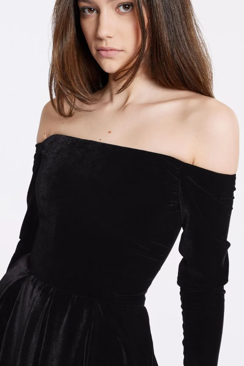 Embroidered Velvet Long Dress