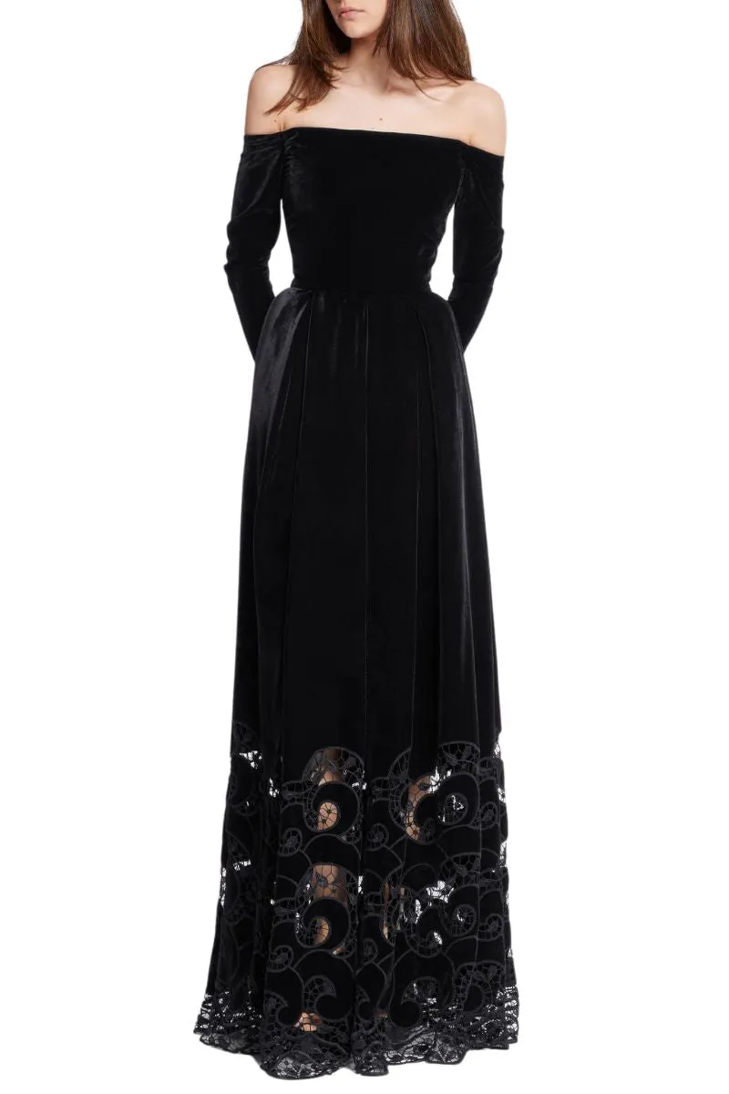 Embroidered Velvet Long Dress