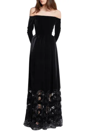 Embroidered Velvet Long Dress