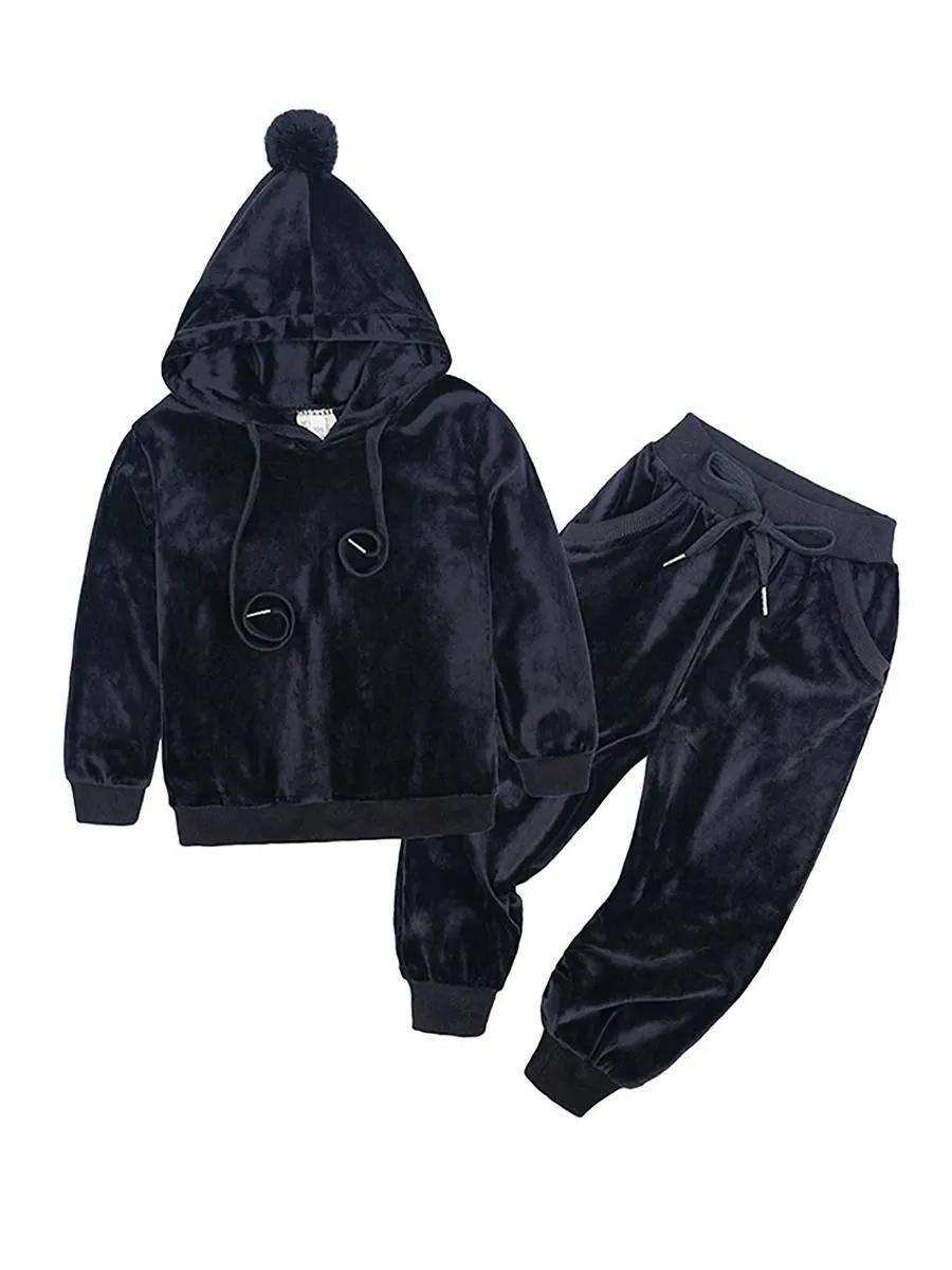 Fashion  Infant Toddler Kids Velvet 2-Piece Outfits Pom Pom Trimmed Hoodie   Trousers