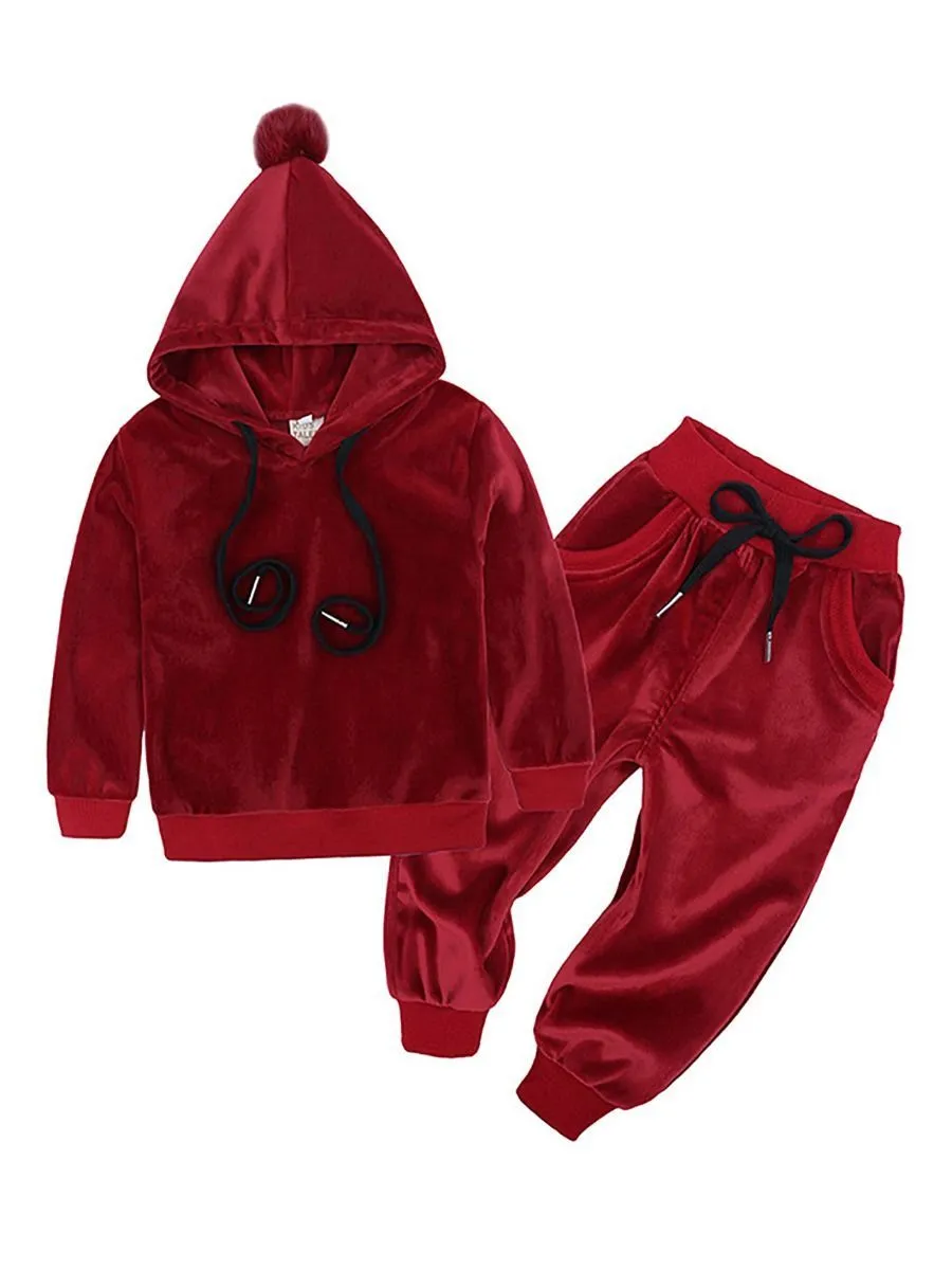 Fashion  Infant Toddler Kids Velvet 2-Piece Outfits Pom Pom Trimmed Hoodie   Trousers