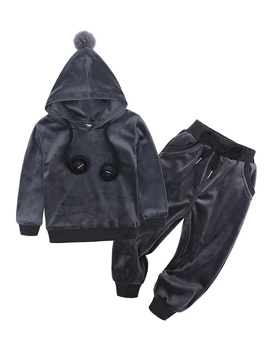 Fashion  Infant Toddler Kids Velvet 2-Piece Outfits Pom Pom Trimmed Hoodie   Trousers