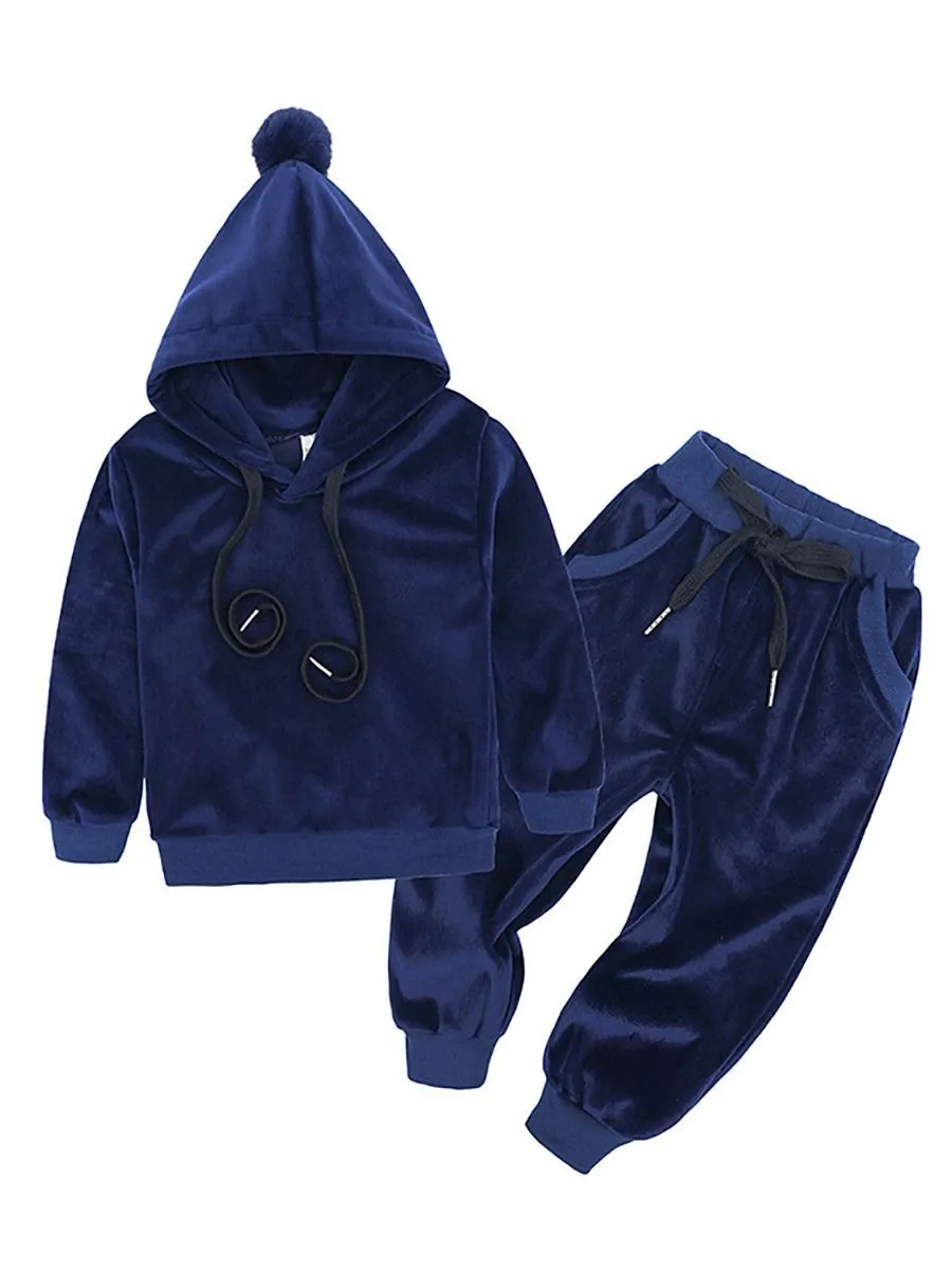 Fashion  Infant Toddler Kids Velvet 2-Piece Outfits Pom Pom Trimmed Hoodie   Trousers
