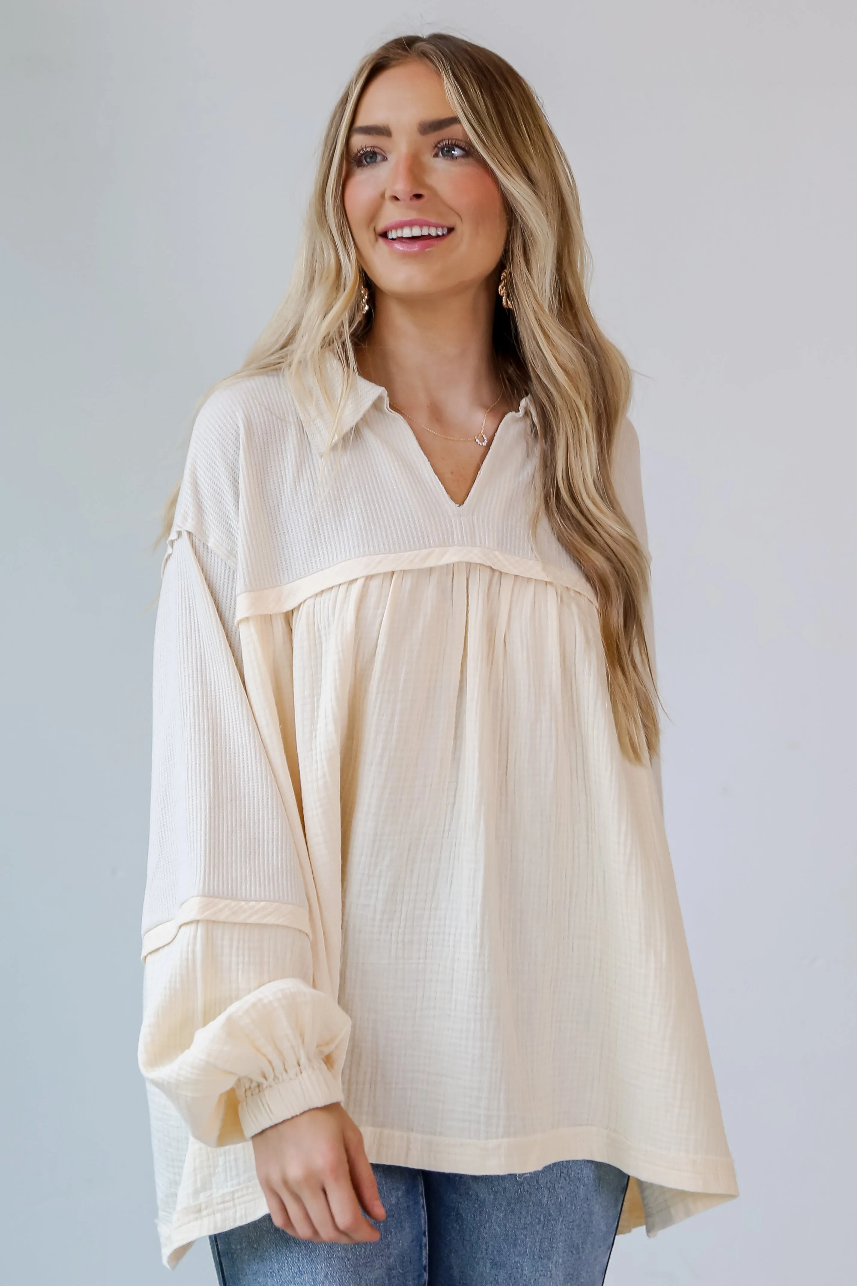 FINAL SALE - Officially Fashionable Cream Linen Babydoll Blouse