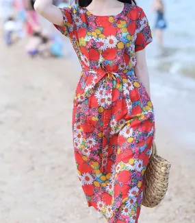 Floal Women Dresses Ramie Casual Spring Linen Women Dresses Short Sleeve SSM97215