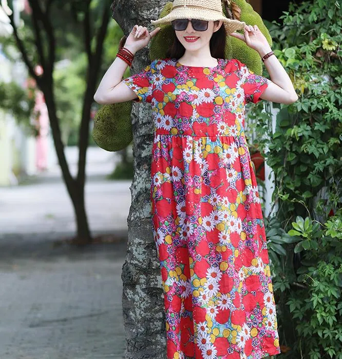 Floal Women Dresses Ramie Casual Spring Linen Women Dresses Short Sleeve SSM97215