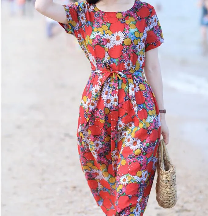 Floal Women Dresses Ramie Casual Spring Linen Women Dresses Short Sleeve SSM97215