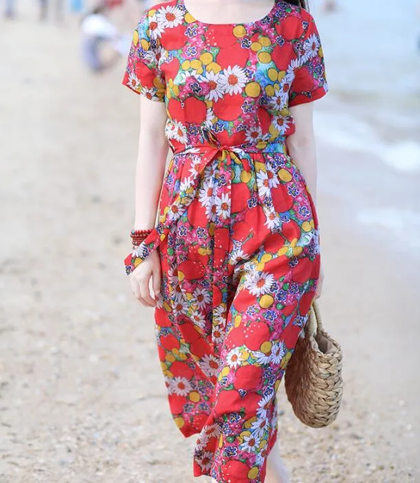 Floal Women Dresses Ramie Casual Spring Linen Women Dresses Short Sleeve SSM97215