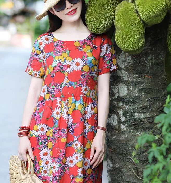 Floal Women Dresses Ramie Casual Spring Linen Women Dresses Short Sleeve SSM97215
