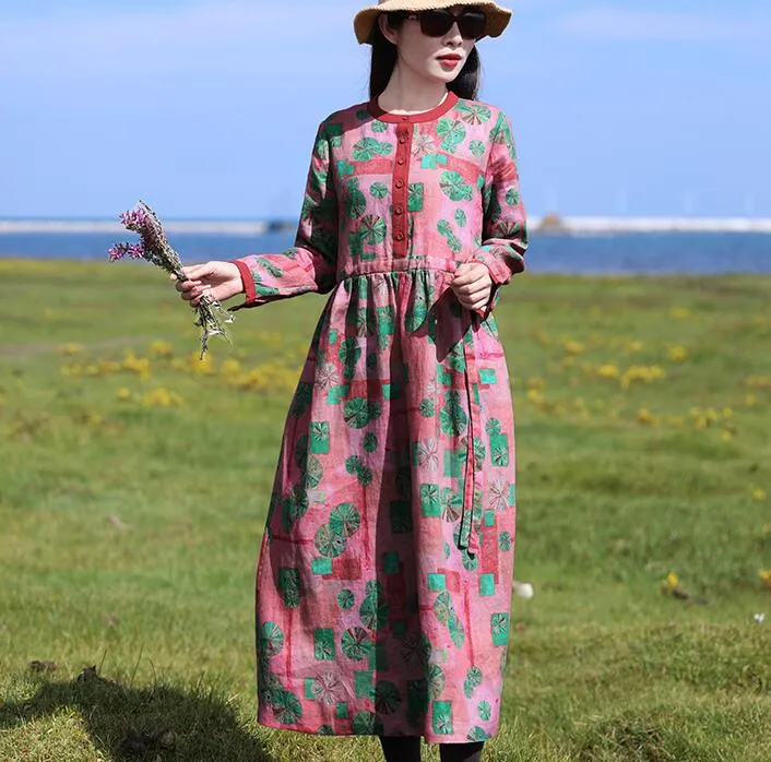 Floal Women Dresses Ramie Casual Spring Linen Women Dresses With Waist BeltSSM97215