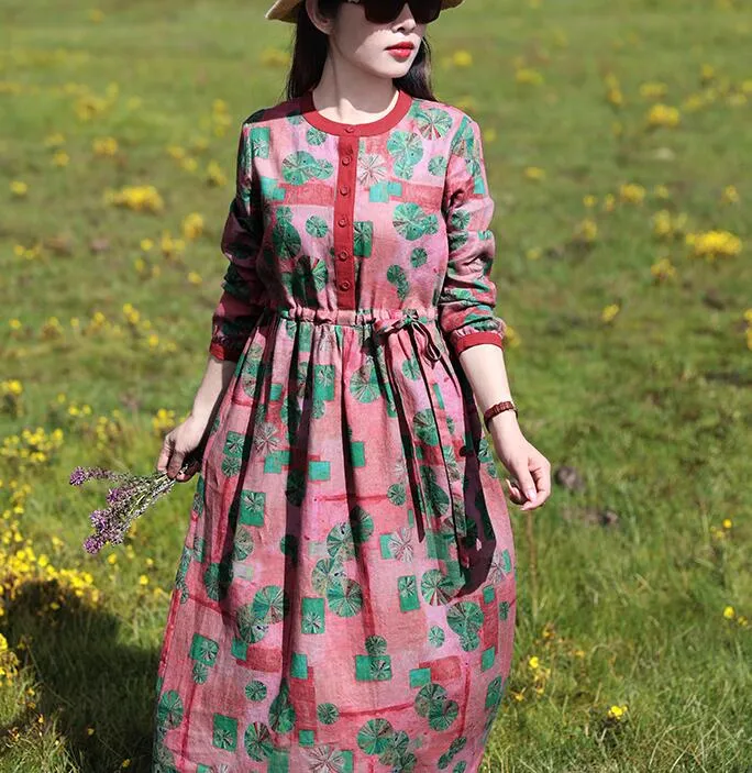 Floal Women Dresses Ramie Casual Spring Linen Women Dresses With Waist BeltSSM97215